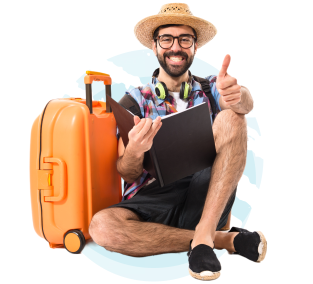 Happy traveler with suitcase